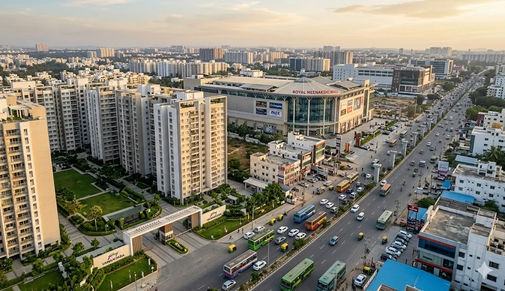 Exterior view of Royal Meenakshi Mall on Bannerghatta Road, featuring Cinepolis and retail brands near the Godrej Vanantara township.